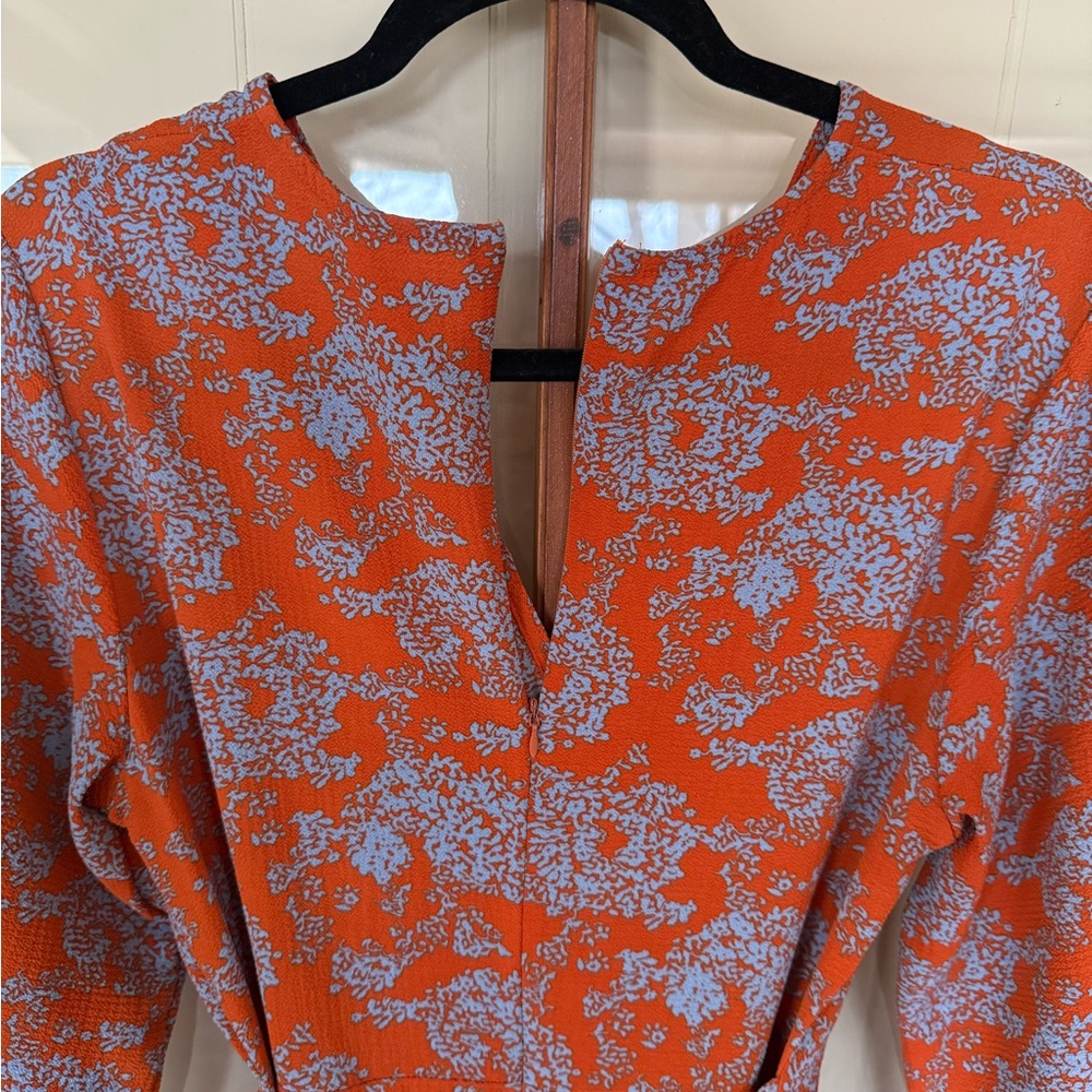 Floral Print Blue and Orange V Neck Long Sleeve Tiered Ruffle Romper - Small - Picture 10 of 10